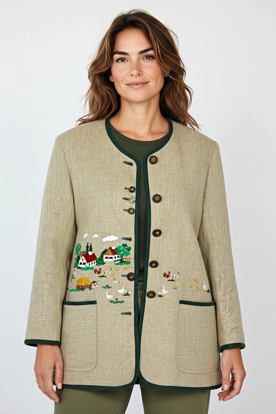 VTG Collection Forum Austrian Linen Jacket Embroidered Farmhouse Janker Sz 10